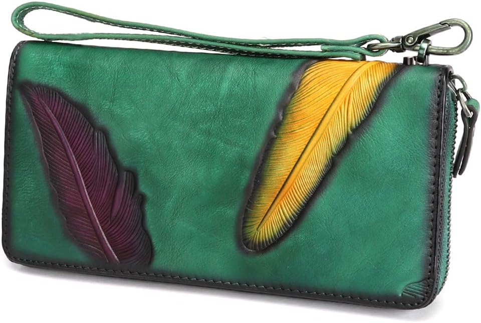 Women's Wallet Genuine Leather Zip Around Wristlet Long Purse Unique Embossed Handmade Clutch