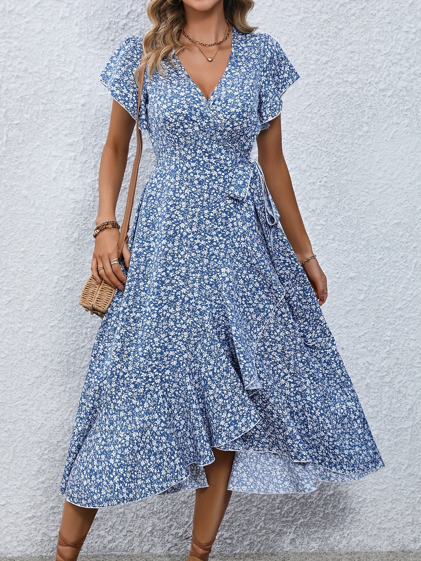 Floral Surplice Neck Tied Midi Dress