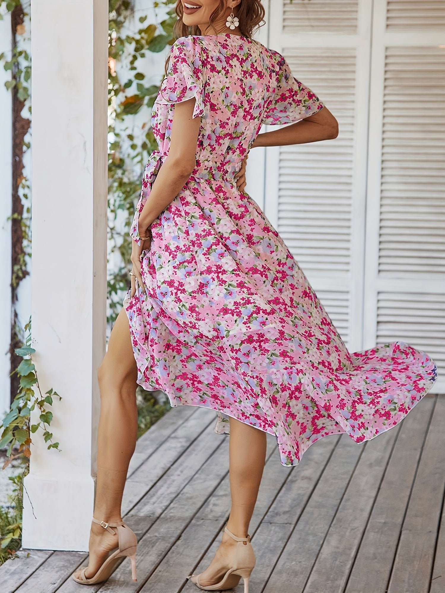 Floral V Neck Short Sleeve Ruffle Midi Dress