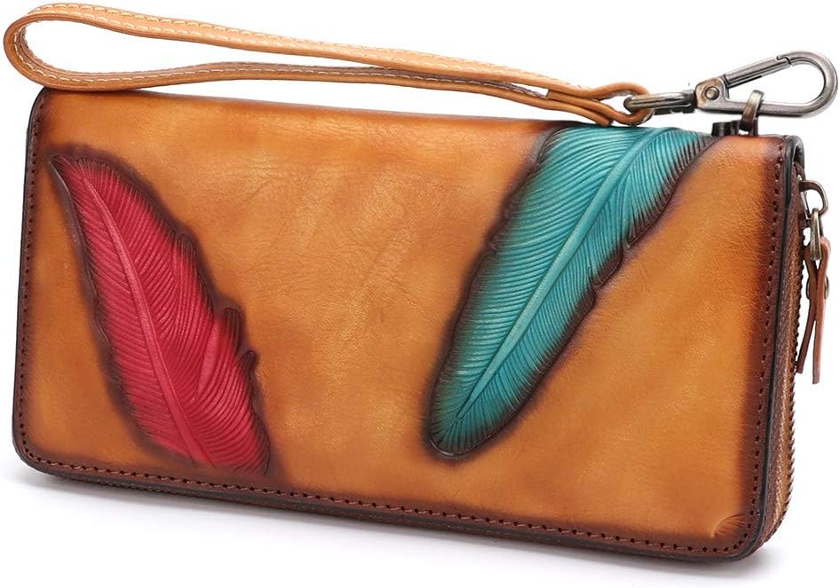Women's Wallet Genuine Leather Zip Around Wristlet Long Purse Unique Embossed Handmade Clutch