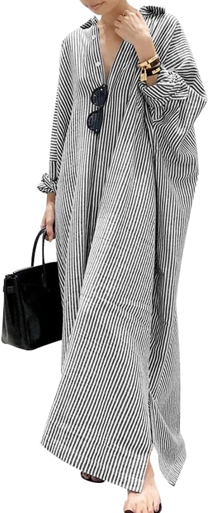 Casual Long Sleeve Button Down Loose Striped Cotton Maxi Shirt Dress
