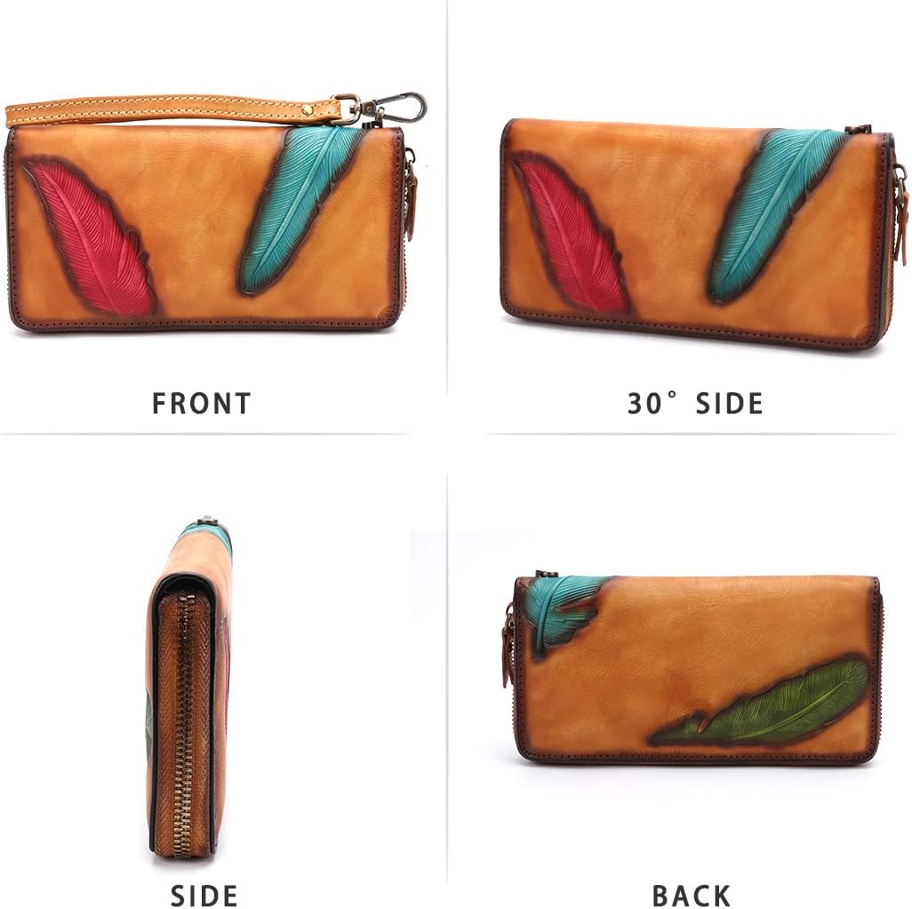 Women's Wallet Genuine Leather Zip Around Wristlet Long Purse Unique Embossed Handmade Clutch