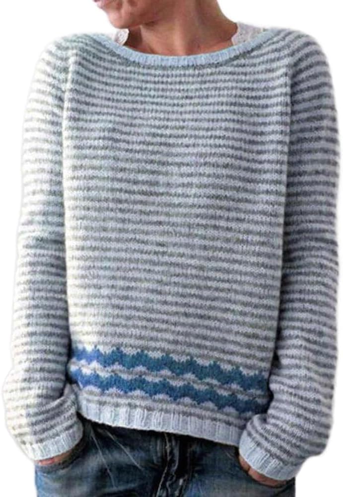 Casual Crew Neck Long Sleeve Stripped Knit Sweater