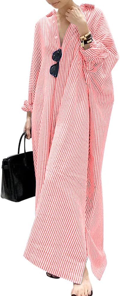 Casual Long Sleeve Button Down Loose Striped Cotton Maxi Shirt Dress