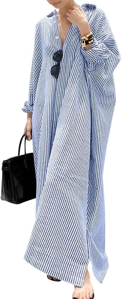 Casual Long Sleeve Button Down Loose Striped Cotton Maxi Shirt Dress