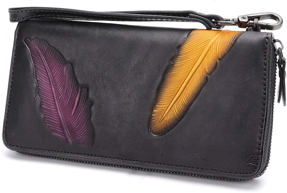 Women's Wallet Genuine Leather Zip Around Wristlet Long Purse Unique Embossed Handmade Clutch