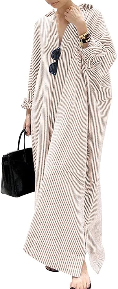 Casual Long Sleeve Button Down Loose Striped Cotton Maxi Shirt Dress