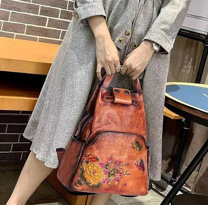 Floral Butterfly Embossed Leather Handbag  Women Backpack