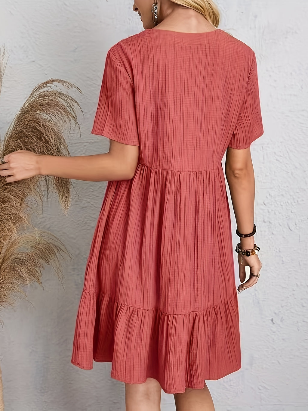 Elegant Casual Short Sleeve V-Neck Tiered Midi Dress