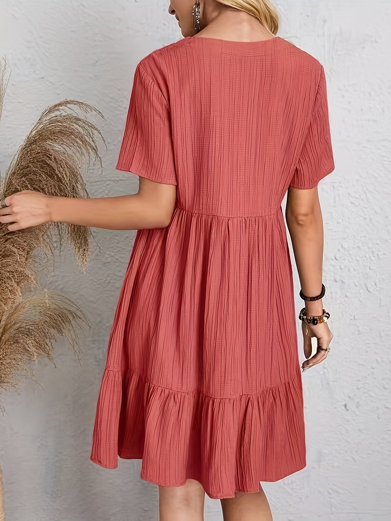 Elegant Casual Short Sleeve V-Neck Tiered Midi Dress