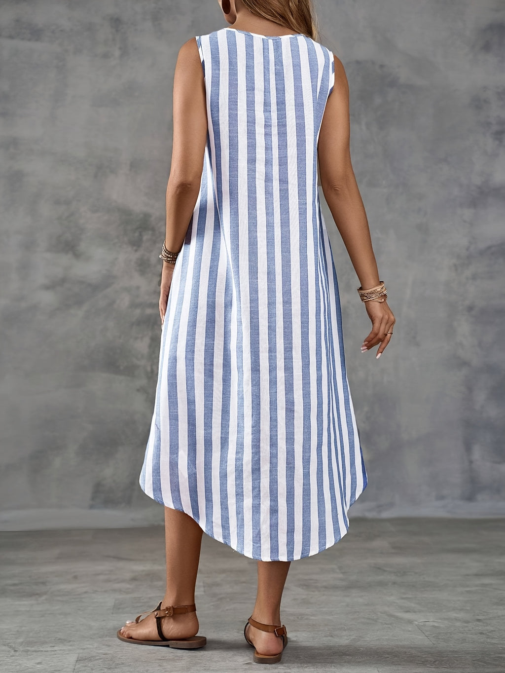 Classic Striped Sleeveless Asymmetrical Midi Dress