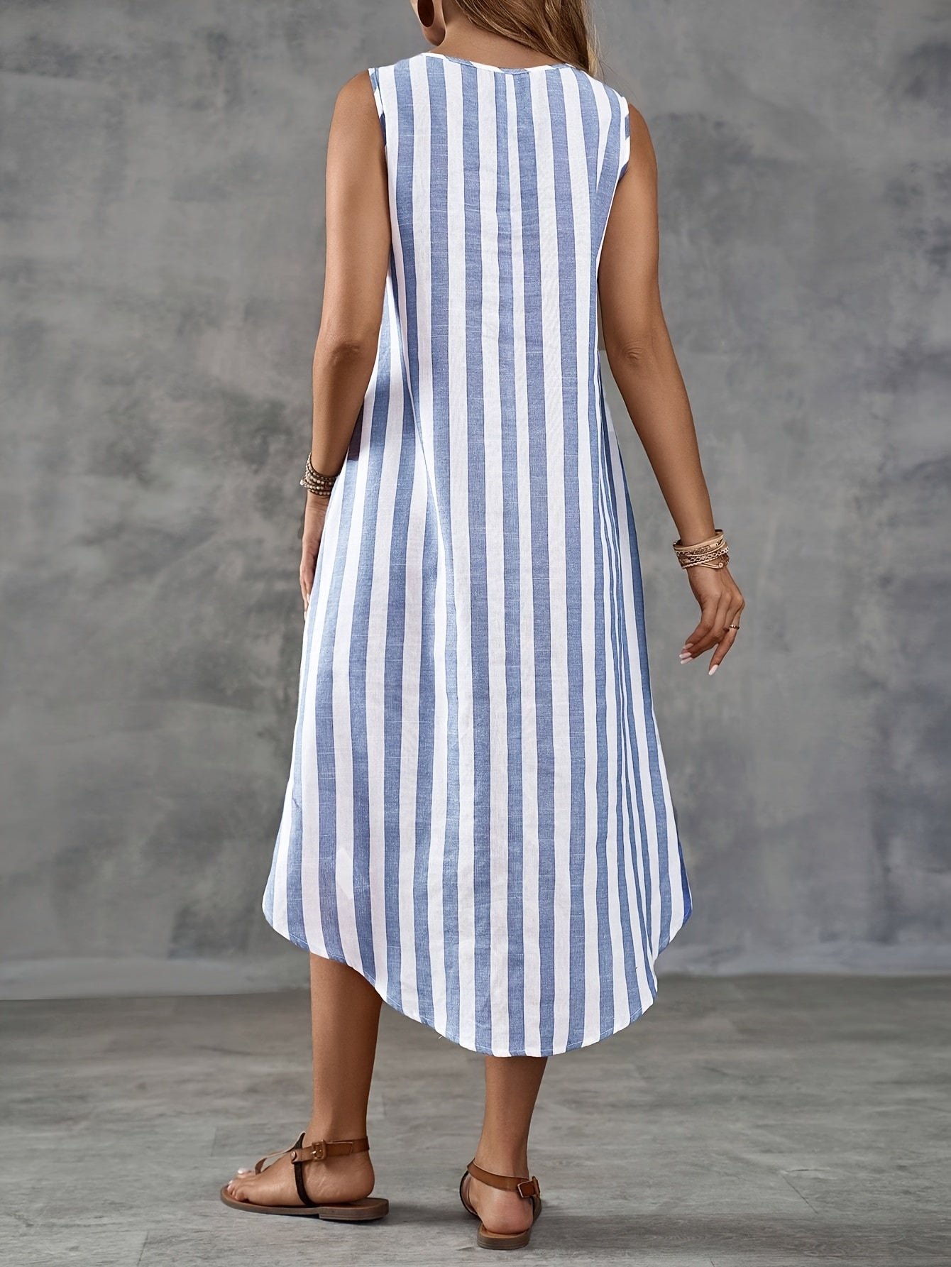 Classic Striped Sleeveless Asymmetrical Midi Dress