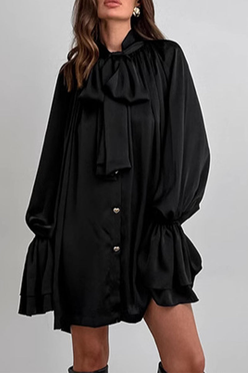 Elegant Lace Up Buckle Ribbon Collar Loose Mini Dress