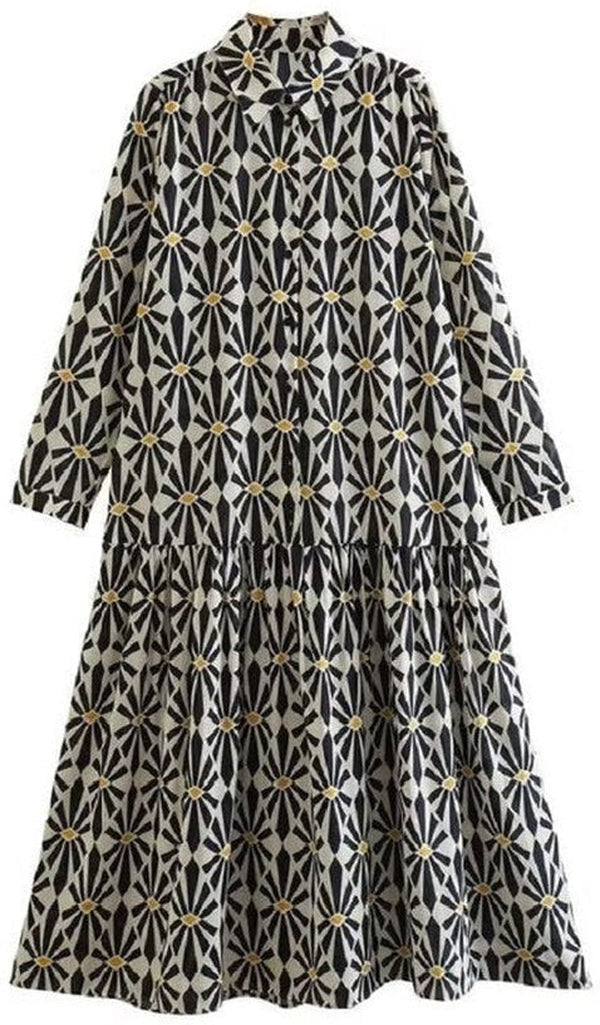 Black and White Print Long Sleeves Midi Dress
