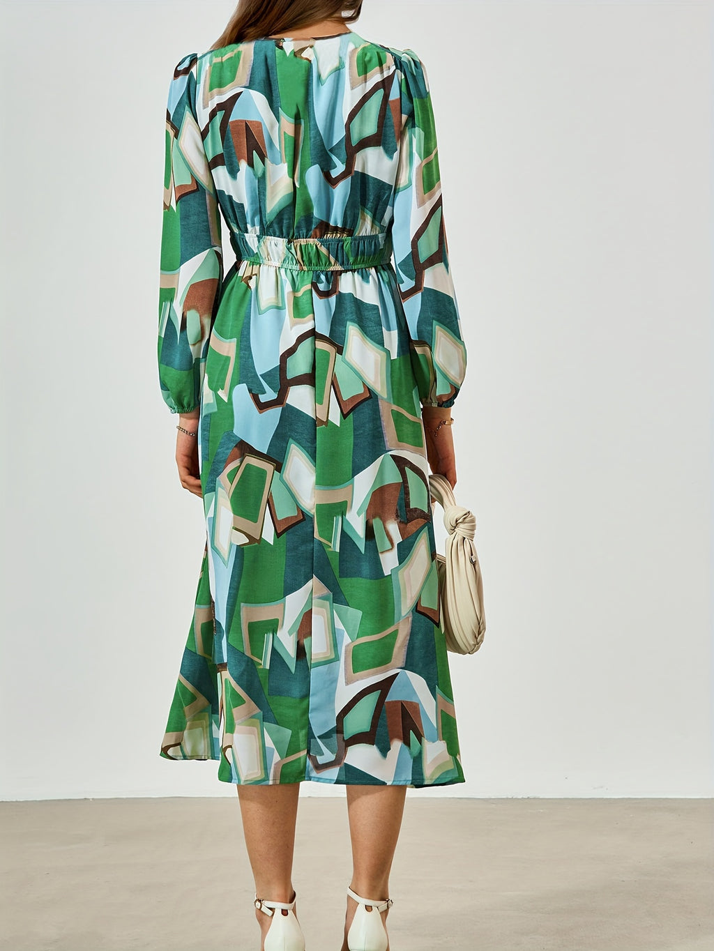 Casual Floral V Neck Long Sleeve Dress