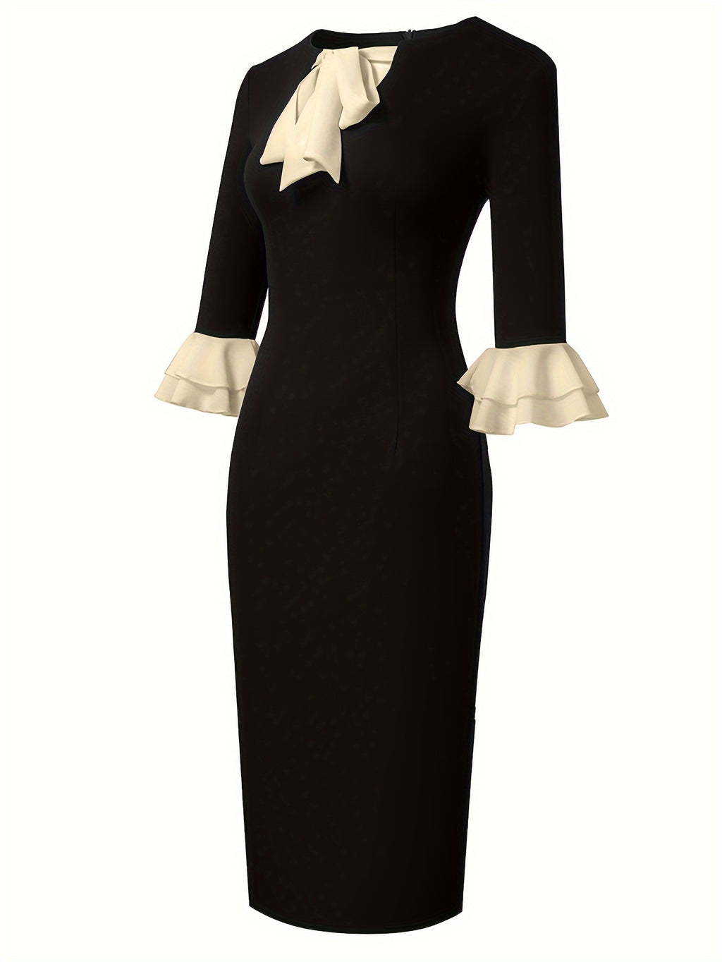 Elegant Black Ruffled Sleeves Bow Tie Bodycon Midi Dress