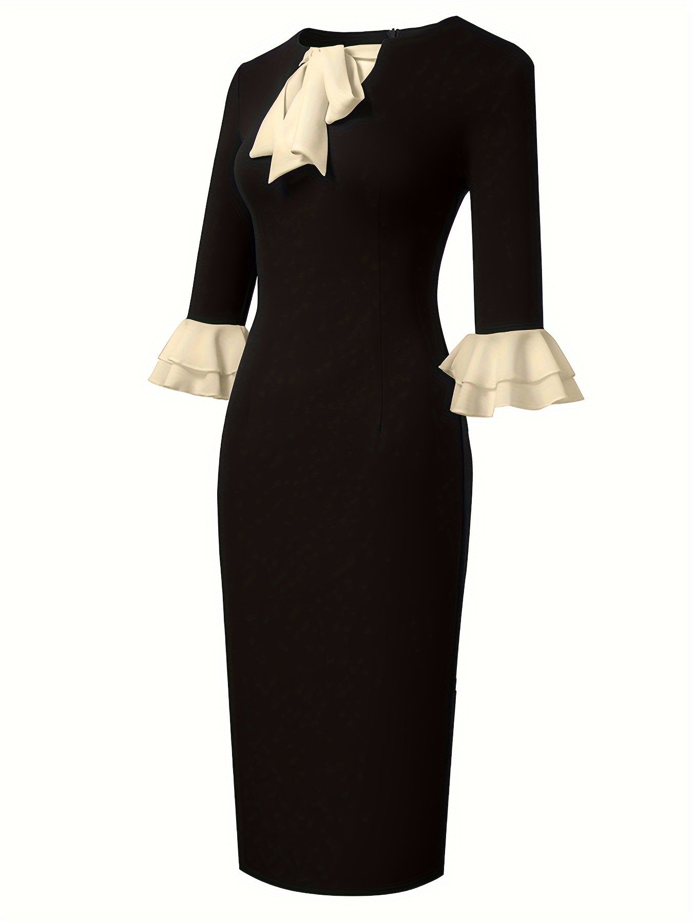 Elegant Black Ruffled Sleeves Bow Tie Bodycon Midi Dress