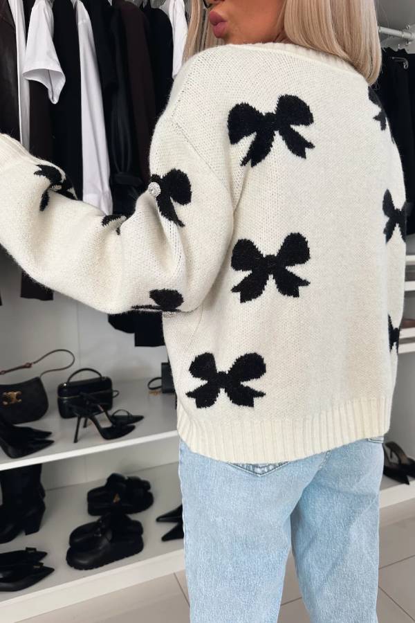 Bow Pattern Front Tie-up Long Sleeve Loose Cardigan