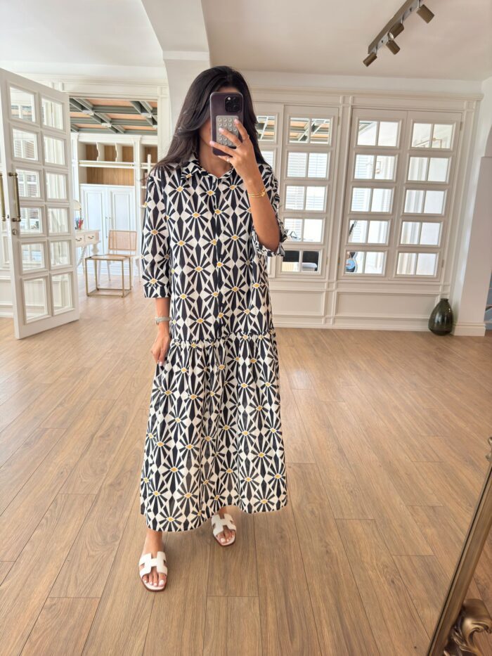 Black and White Print Long Sleeves Midi Dress