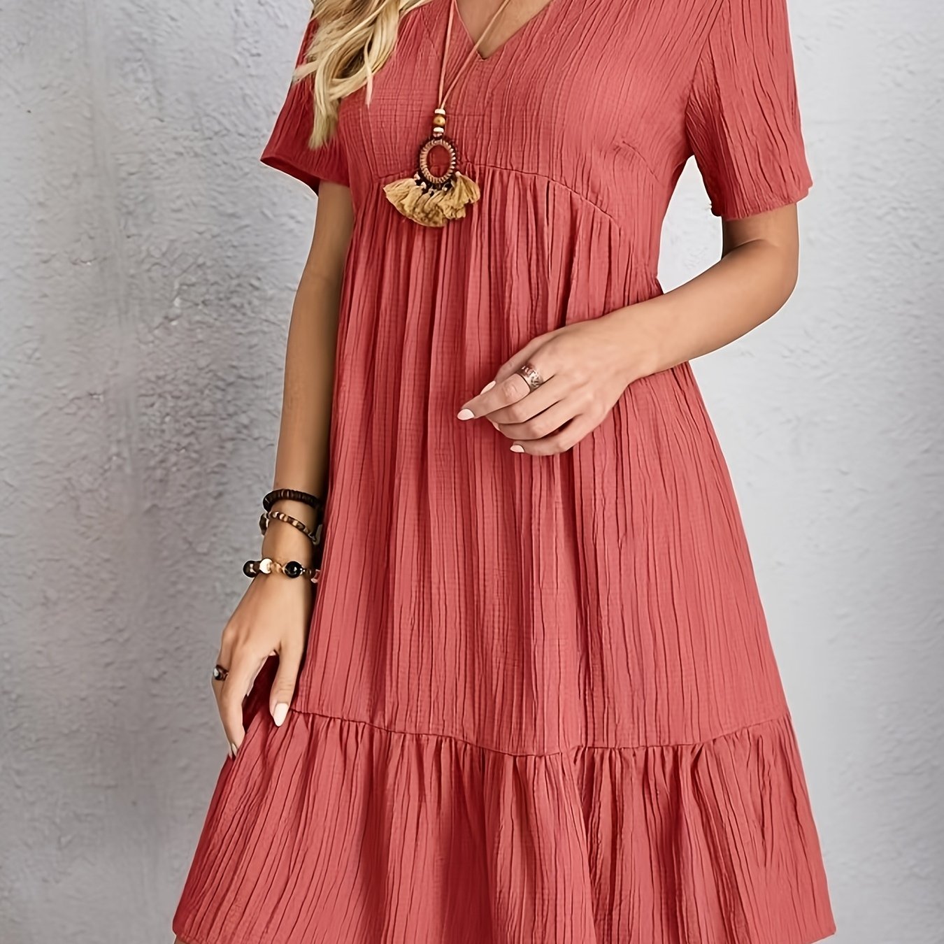 Elegant Casual Short Sleeve V-Neck Tiered Midi Dress
