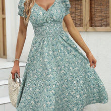 Load image into Gallery viewer, Elegant V-neck Ruched Floral Midi Dress
