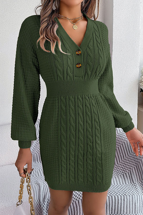 Buttoned V-neck Twist Lantern Sleeves Mini Sweater Dress