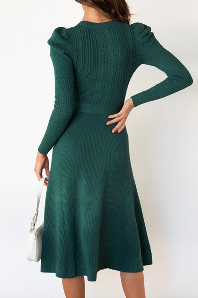 Casual Round Neck Tied Waist Long Sleeves Midi Sweater Dress