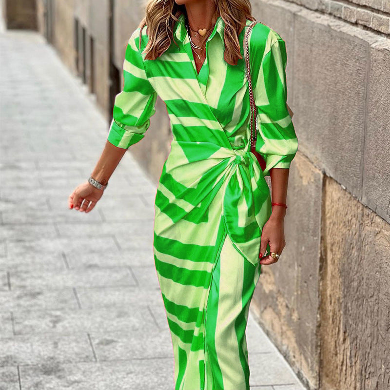 Elegant Printed Long Sleeves Ruched Midi Dress