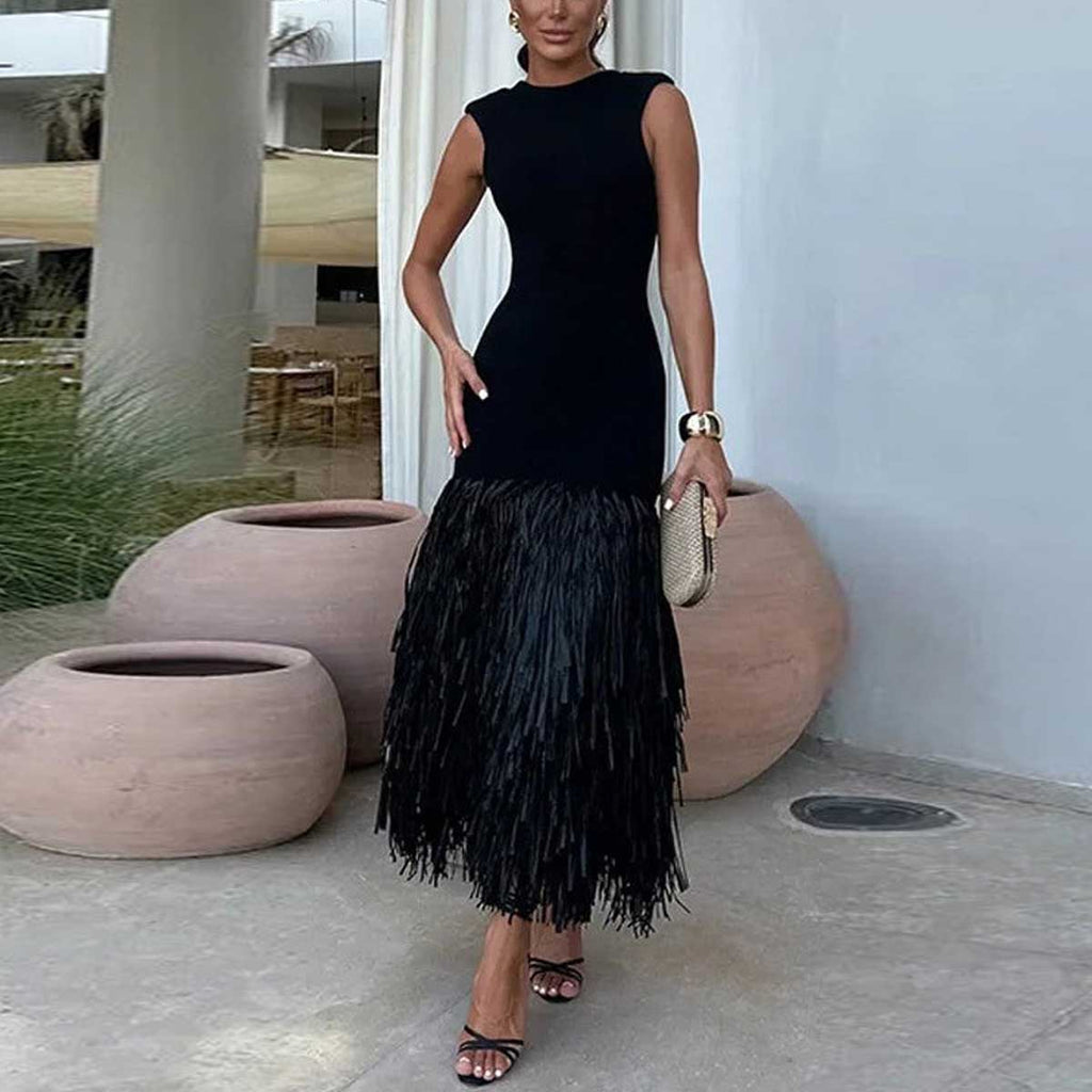 Black Glamorous Sleeveless Tassels Midi Dress