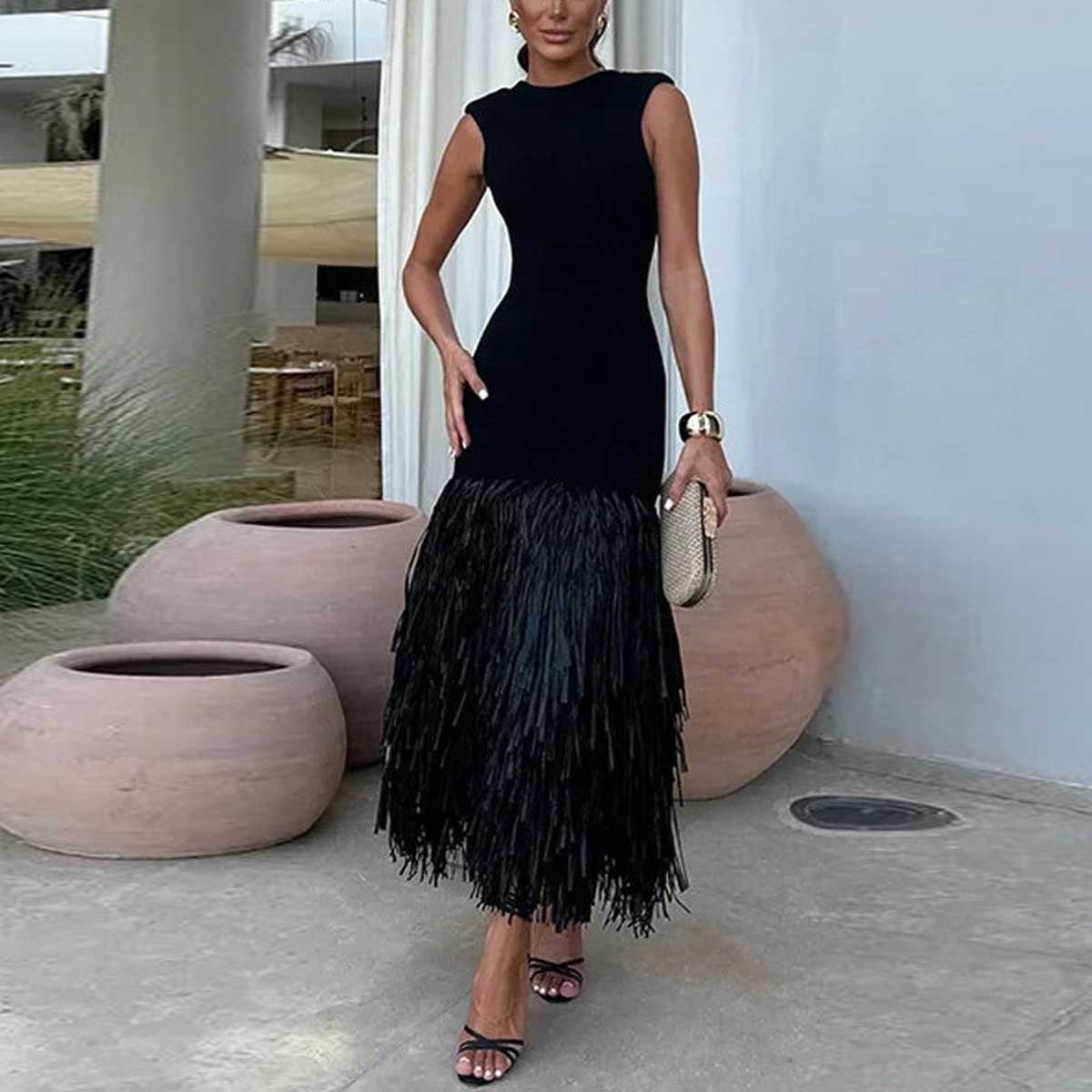 Black Glamorous Sleeveless Tassels Midi Dress