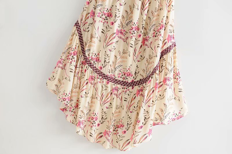 Boho Beige Floral Print High Low Dress