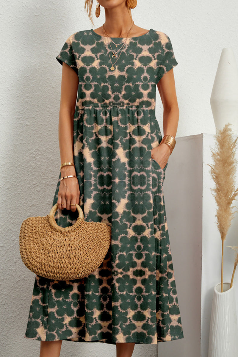 Casual Floral Pocket Round Neck Midi Dress