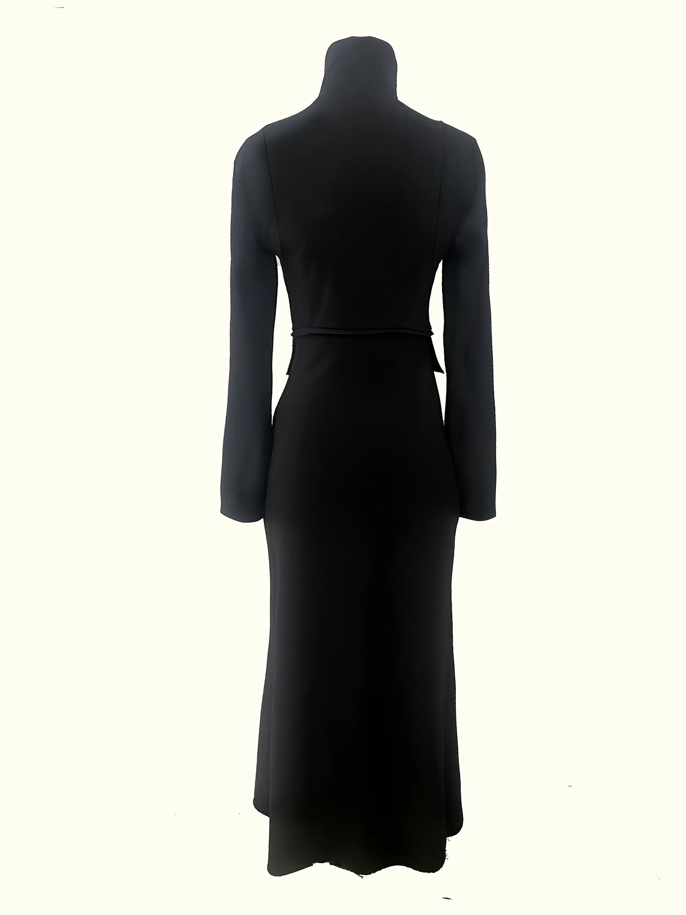 Black Elegant High Neck Long Sleeve Midi Dress