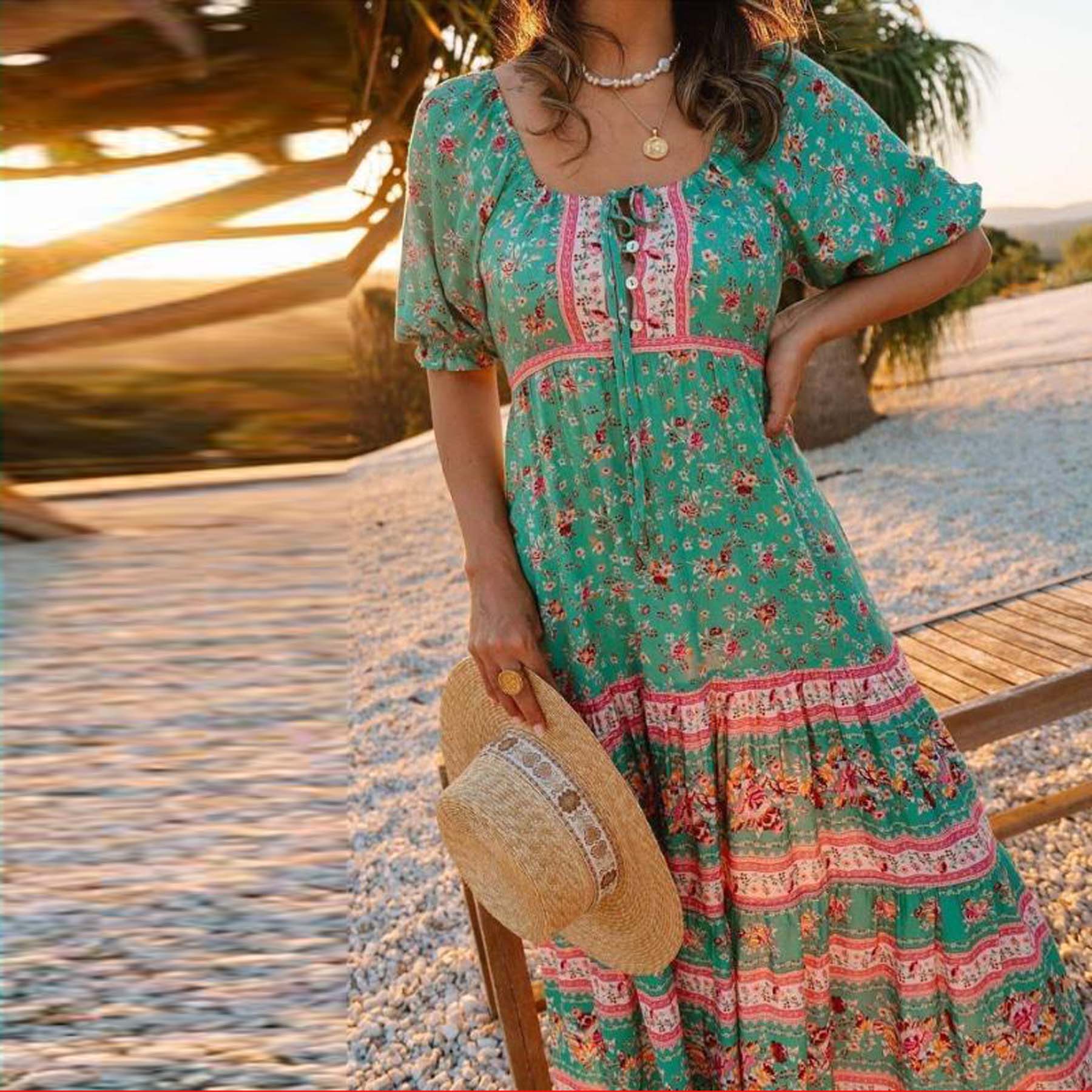 Boho Blue Floral Print Short Sleeve Maxi Dress