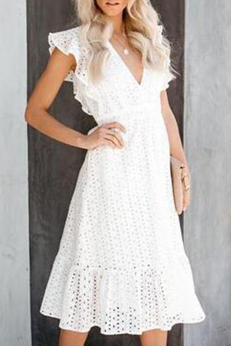Elegant White Hollowed Out Flounce V Neck Midi Dress
