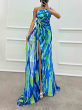 Load image into Gallery viewer, Stylish One Shoulder Print Feather Split Front Maxi Dress
