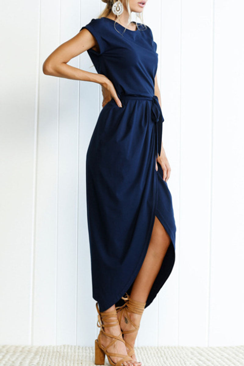 Casual Round Neck Irregular Ruched Slit Front Midi Dress