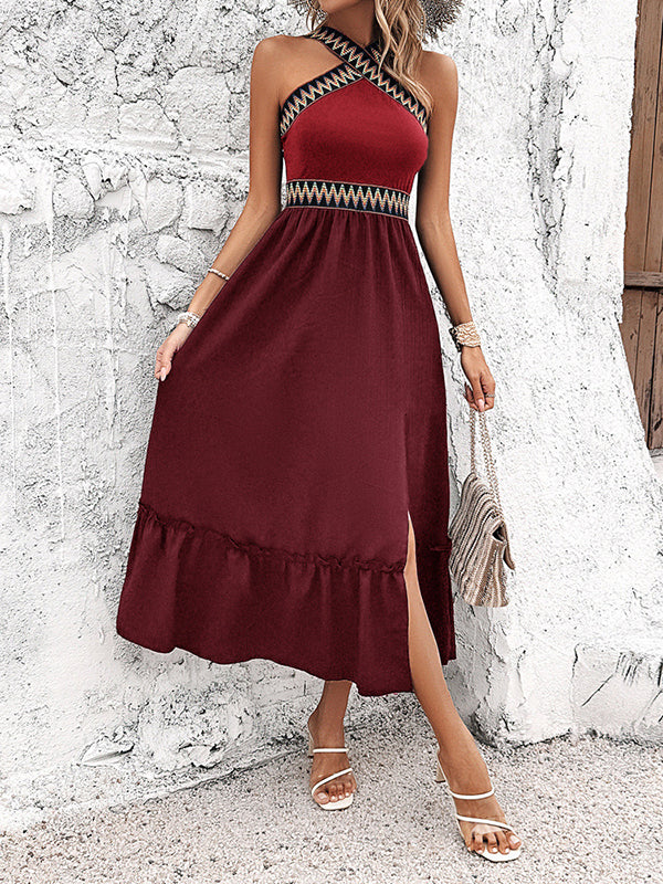Embroidered Sleeveless Loose Halter-Neck Split Side Midi Dress