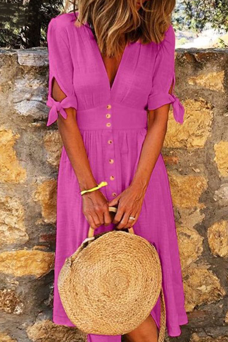 Casual Elegant Buckle Knotted V Neck Buttons Down Midi Dress