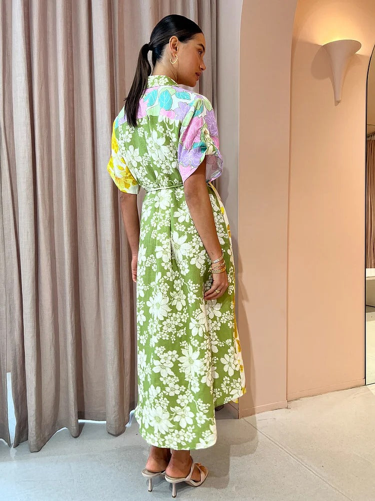 Color Block Floral Print Buttons Down Midi Dress