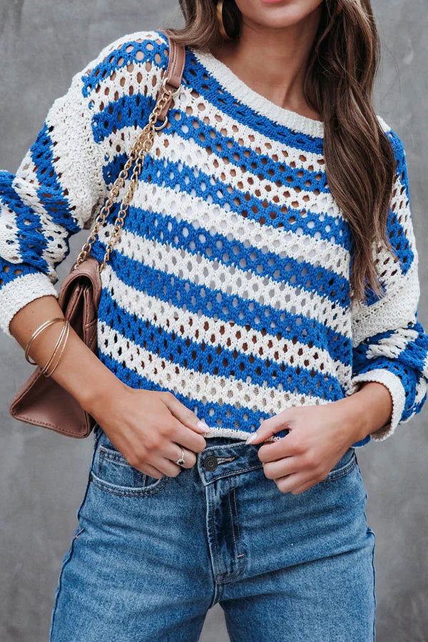 Casual Striped Hollow Crew Neck Knit Sweater