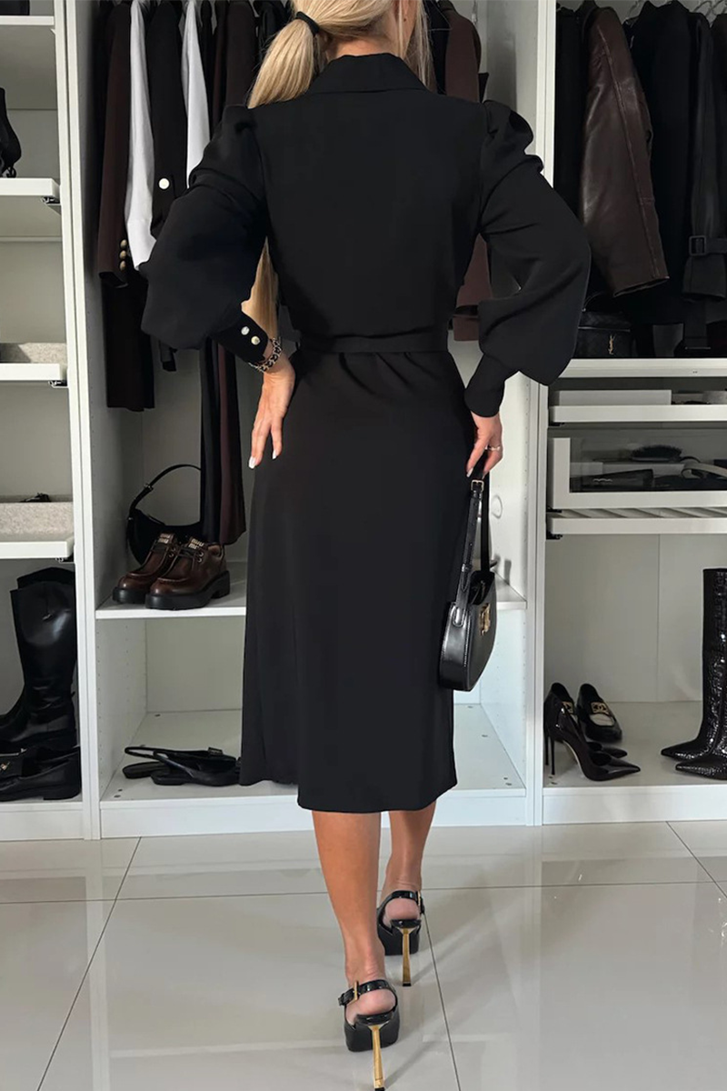 Elegant Long Buttons Sleeves V Neck Wrap Midi Dress