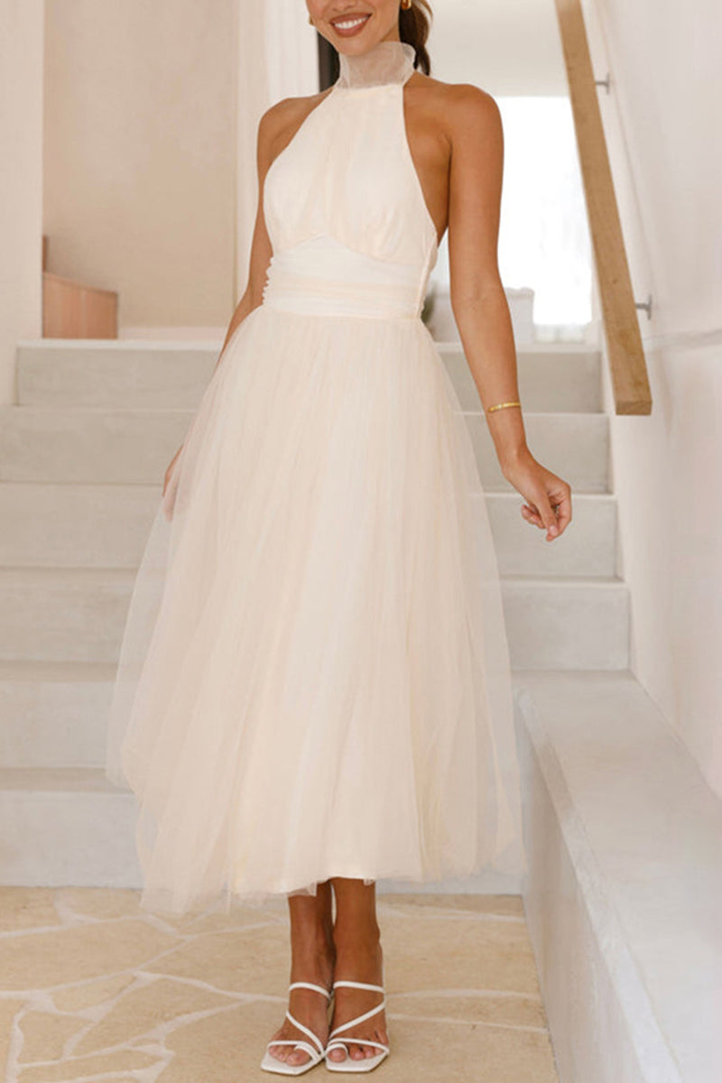 Beige Sexy Lace Up Backless Halter Princess Tulle Midi Dress
