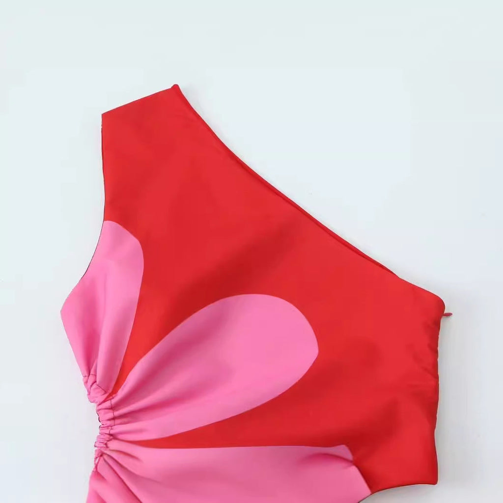 Red Floral Cut Out Midi Dress