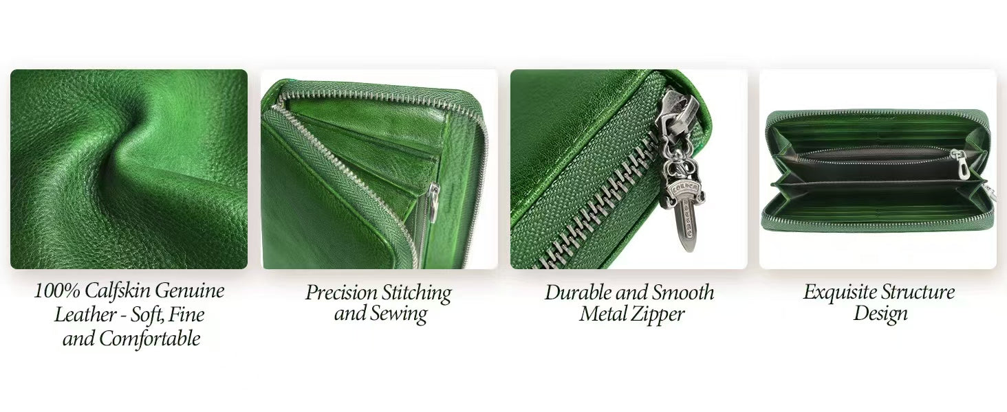 Handmade Long Leather Wallet Purse Large Capcity Multi Cards Zipper Soft Clutch for Women