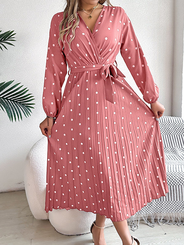Classic V-neck Long Sleeves Polka Dots Print Midi Dress