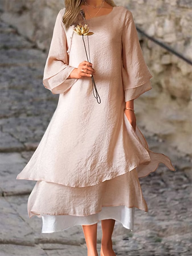 Cotton and Linen Contrasting Double Layer Vintage Midi Dress