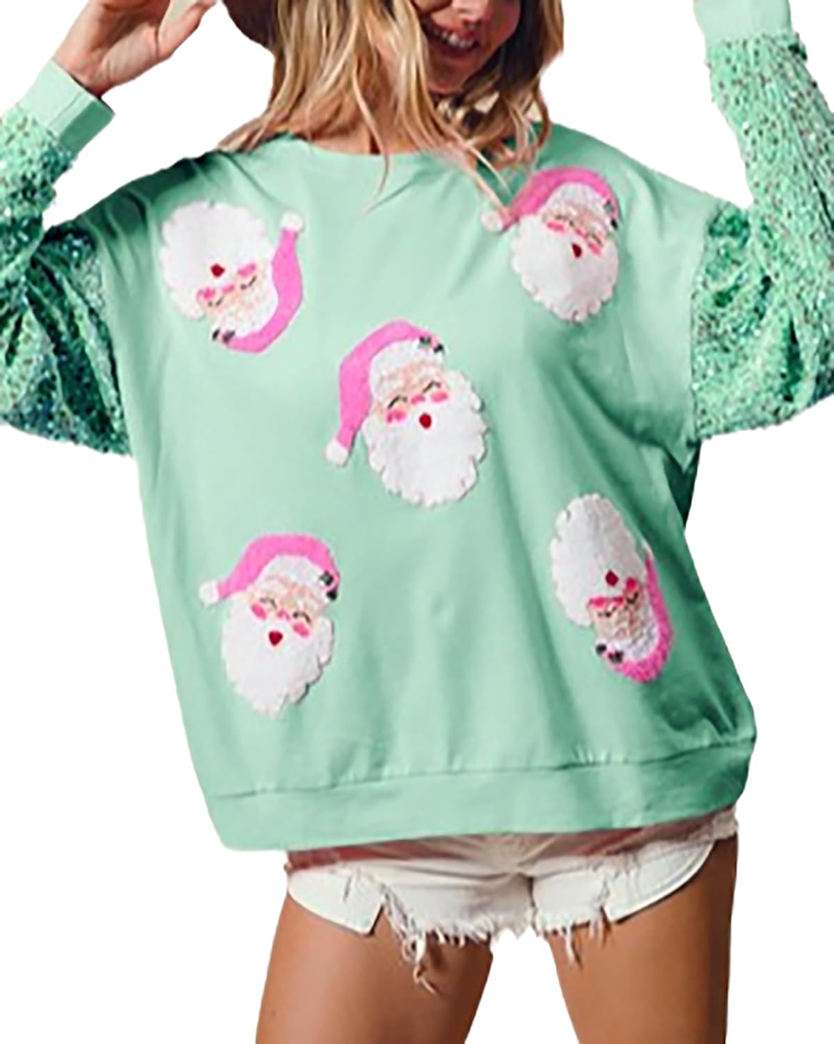 Cute Santa Christmas Sweatshirt Sequin Long Sleeve Top