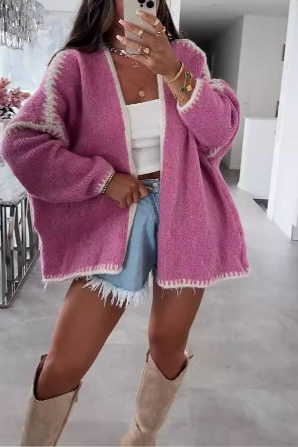 Casual Long-sleeved Loose Trimmed Knitted Cardigan