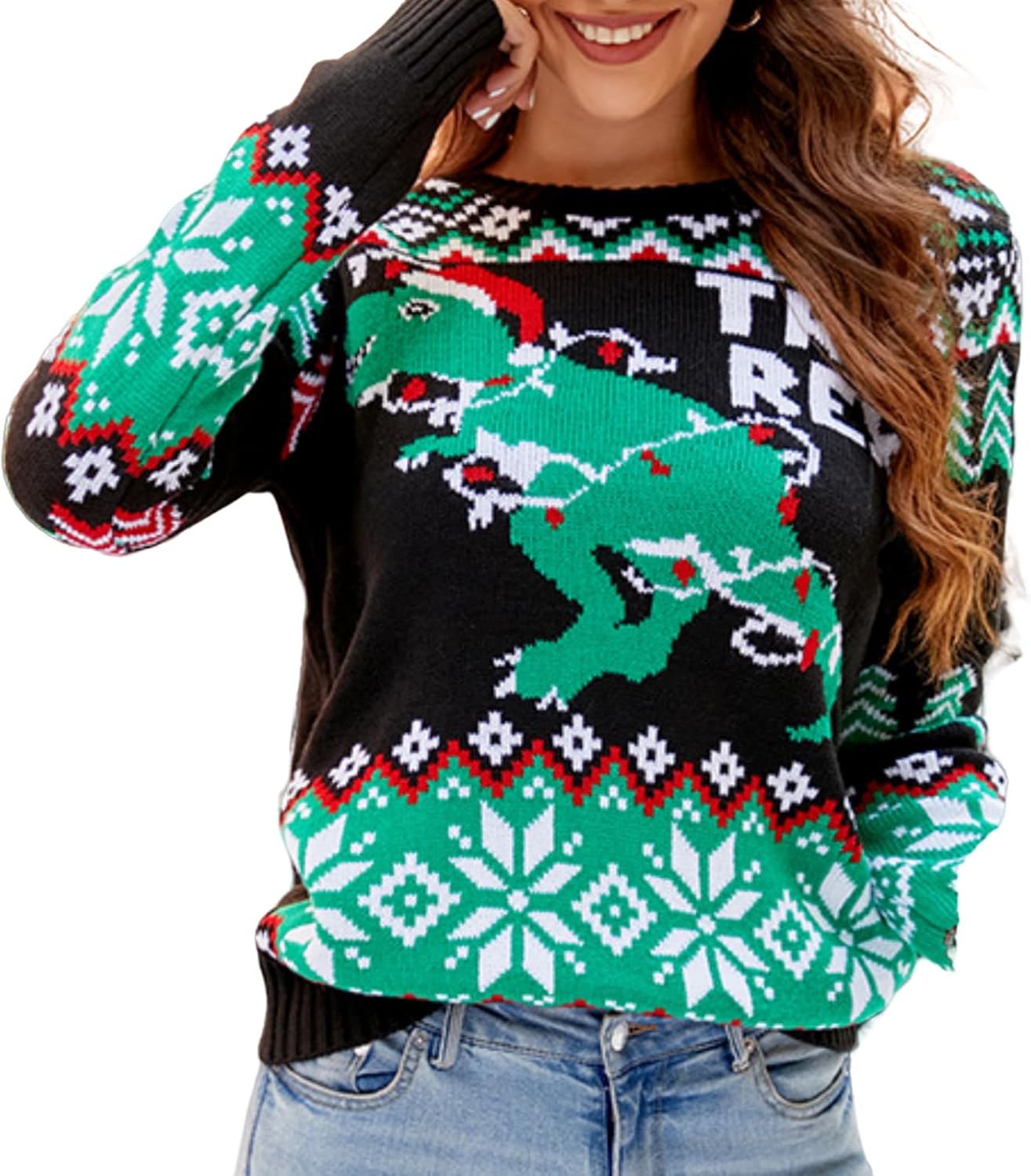 Cartoon Print Knitted Crew Neck Ugly Christmas Sweater